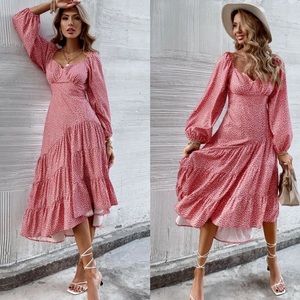 Pink dot long sleeve ruffle hem dress